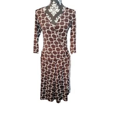 One Clothing Brown Geometric Circle Print Faux Wrap Midi Dress 3/4 Sleeve - Thumbnail 8