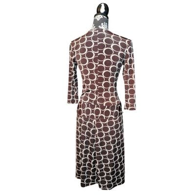 One Clothing Brown Geometric Circle Print Faux Wrap Midi Dress 3/4 Sleeve - Thumbnail 2