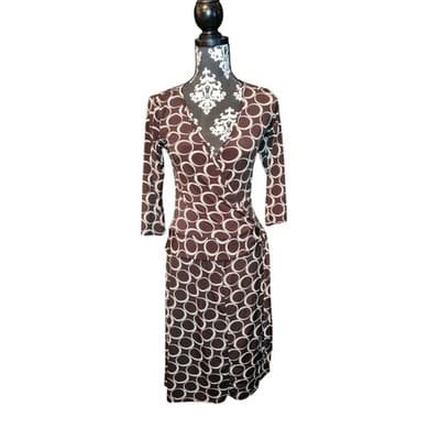 One Clothing Brown Geometric Circle Print Faux Wrap Midi Dress 3/4 Sleeve - Thumbnail 9