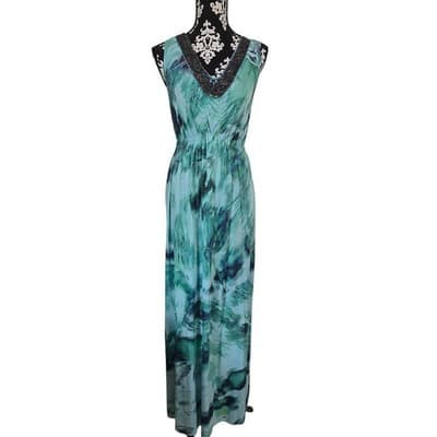 One World Teal Green Abstract Beaded V-Neck Maxi Dress Sleeveless Small - Image 1