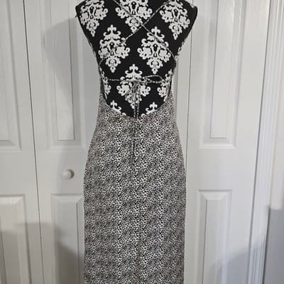 By Together Floral Midi Dress Black White Orange Tie Back L4543 Small - Thumbnail 14