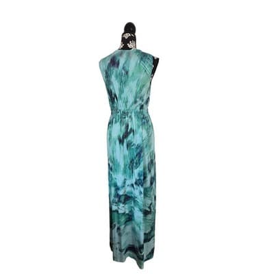 One World Teal Green Abstract Beaded V-Neck Maxi Dress Sleeveless Small - Thumbnail 2