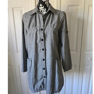 So en Button Up Shirt Jacket Gray Black Houndstooth Drawstring Pockets Size 88 - Thumbnail 11