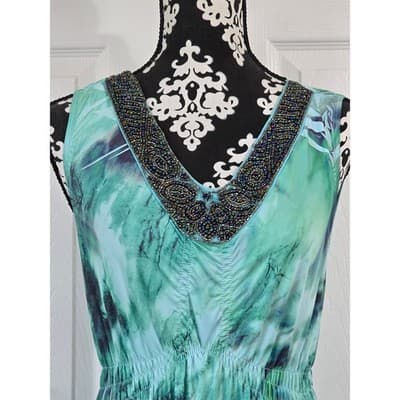 One World Teal Green Abstract Beaded V-Neck Maxi Dress Sleeveless Small - Thumbnail 10