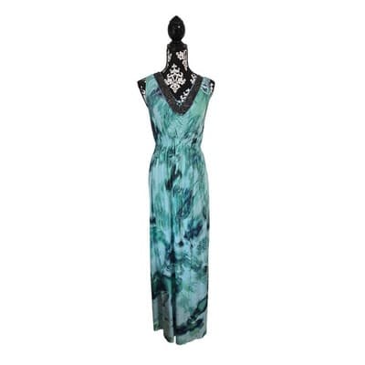 One World Teal Green Abstract Beaded V-Neck Maxi Dress Sleeveless Small - Thumbnail 12