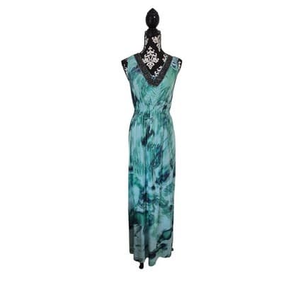 One World Teal Green Abstract Beaded V-Neck Maxi Dress Sleeveless Small - Thumbnail 11