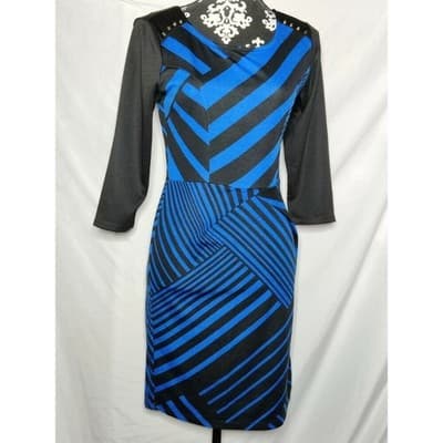 Stitch Btween Womens Sheath Dress Blue Geometric Stretch Scoop Neck 3/4 Sleeve S - Thumbnail 3