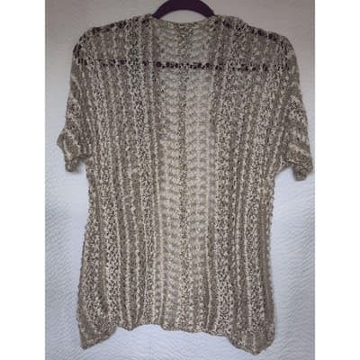 Chico's Tan Open Knit Crochet Fringe Boho Open Front Cardigan Size 1 - Thumbnail 2