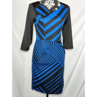 Stitch Btween Womens Sheath Dress Blue Geometric Stretch Scoop Neck 3/4 Sleeve S - Image 1