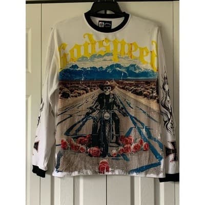 Godspeed Men's Long Sleeve T-Shirt Skeleton Motorcycle Graphic White S - Thumbnail 2