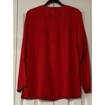 Vintage Setu Red Sequin Beaded V-Neck Blouse Top Women's M Long Sleeve - Thumbnail 10