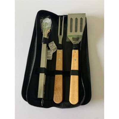 3-Piece BBQ Tool Set with Wood Handles - Spatula Included - Image 1