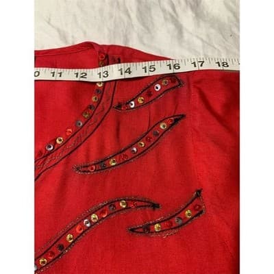 Vintage Setu Red Sequin Beaded V-Neck Blouse Top Women's M Long Sleeve - Thumbnail 5