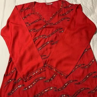 Vintage Setu Red Sequin Beaded V-Neck Blouse Top Women's M Long Sleeve - Image 1