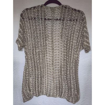Chico's Tan Open Knit Crochet Fringe Boho Open Front Cardigan Size 1 - Thumbnail 3