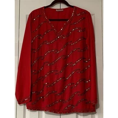 Vintage Setu Red Sequin Beaded V-Neck Blouse Top Women's M Long Sleeve - Thumbnail 9