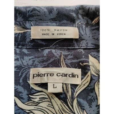 Pierre Cardin Hawaiian Shirt Tan & Blue Floral Sz Lg 100% Rayon - Thumbnail 4