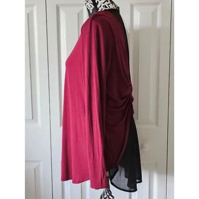 Burgundy Long Sleeve Twist Back Mixed Media Top Sheer Damask Layer Relaxed Fit - Thumbnail 4