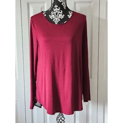 Burgundy Long Sleeve Twist Back Mixed Media Top Sheer Damask Layer Relaxed Fit - Thumbnail 5