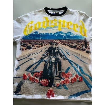 Godspeed Men's Long Sleeve T-Shirt Skeleton Motorcycle Graphic White S - Thumbnail 5