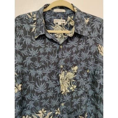 Pierre Cardin Hawaiian Shirt Tan & Blue Floral Sz Lg 100% Rayon - Thumbnail 3
