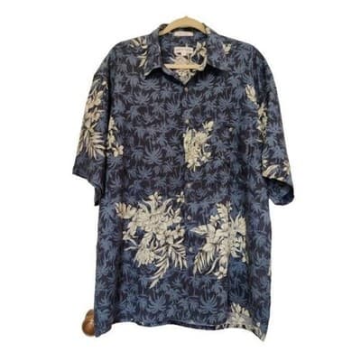 Pierre Cardin Hawaiian Shirt Tan & Blue Floral Sz Lg 100% Rayon - Image 1