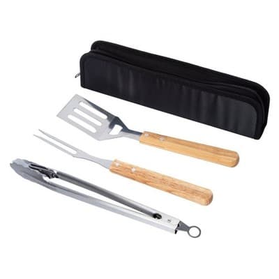 3-Piece BBQ Tool Set with Wood Handles - Spatula Included - Thumbnail 2