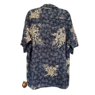 Pierre Cardin Hawaiian Shirt Tan & Blue Floral Sz Lg 100% Rayon - Thumbnail 2