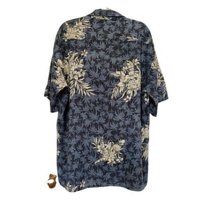 Pierre Cardin Hawaiian Shirt Tan & Blue Floral Sz Lg 100% Rayon - Thumbnail 9