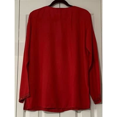 Vintage Setu Red Sequin Beaded V-Neck Blouse Top Women's M Long Sleeve - Thumbnail 11