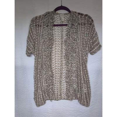 Chico's Tan Open Knit Crochet Fringe Boho Open Front Cardigan Size 1 - Thumbnail 6