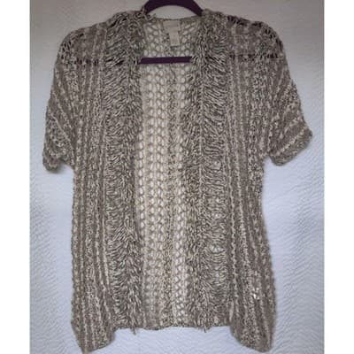 Chico's Tan Open Knit Crochet Fringe Boho Open Front Cardigan Size 1 - Thumbnail 5
