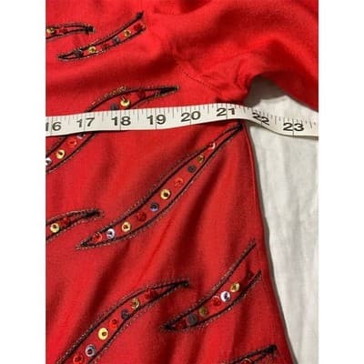 Vintage Setu Red Sequin Beaded V-Neck Blouse Top Women's M Long Sleeve - Thumbnail 6