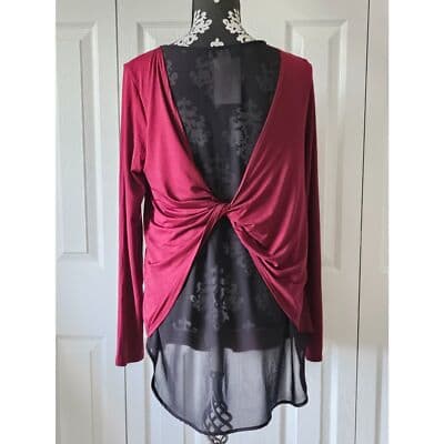 Burgundy Long Sleeve Twist Back Mixed Media Top Sheer Damask Layer Relaxed Fit - Thumbnail 3