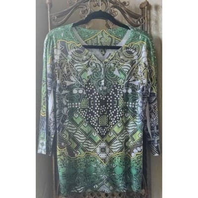 Style & Co Large Women's Multicolor 100% Polyester V-Neck 3/4 Sleeve Casual Top - Thumbnail 3
