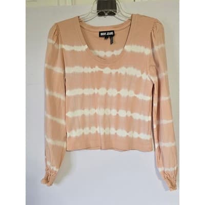 DKNY JEANS Women's Tie Dye Cropped Long Sleeve Top Peach White Size L - Image 1