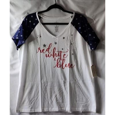 St John's Bay Womens V-Neck T-Shirt Short Sleeve Navy/White Start Print 2XL - Image 1