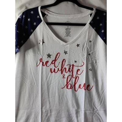 St John's Bay Womens V-Neck T-Shirt Short Sleeve Navy/White Start Print 2XL - Thumbnail 2