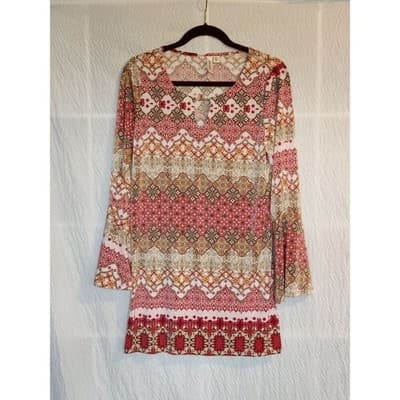 Tacera Women's Multicolor Medallion Print Long Bell Sleeve Shift Dress Size PL - Image 1