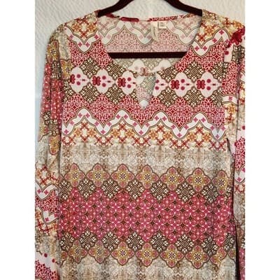 Tacera Women's Multicolor Medallion Print Long Bell Sleeve Shift Dress Size PL - Thumbnail 3