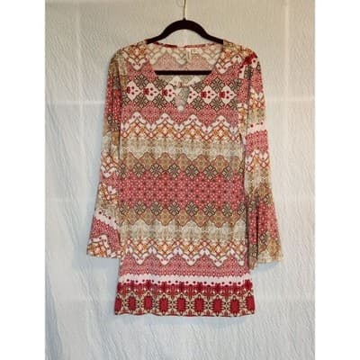 Tacera Women's Multicolor Medallion Print Long Bell Sleeve Shift Dress Size PL - Thumbnail 10