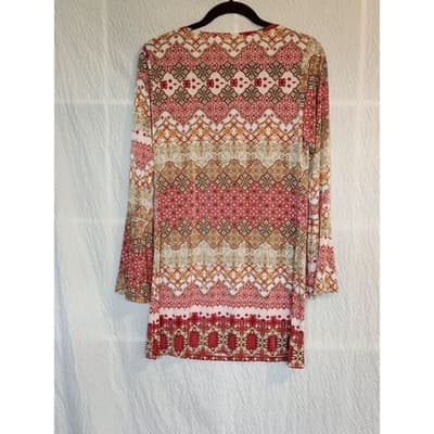 Tacera Women's Multicolor Medallion Print Long Bell Sleeve Shift Dress Size PL - Thumbnail 9