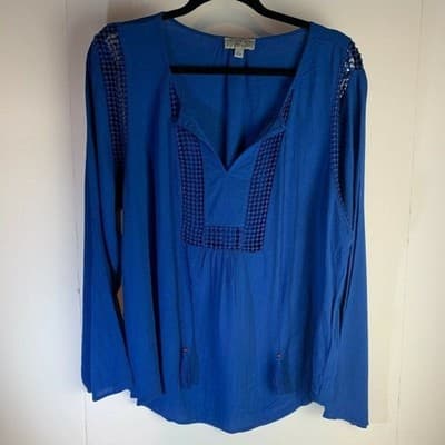 Joseph A Womens Crinkle Blouse Crochet Detail Top Blue Size Large - Image 1