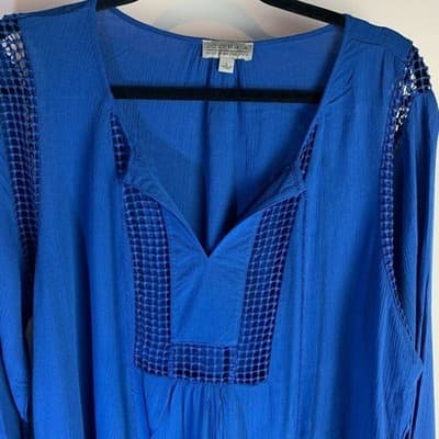Joseph A Womens Crinkle Blouse Crochet Detail Top Blue Size Large - Thumbnail 3