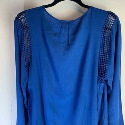 Joseph A Womens Crinkle Blouse Crochet Detail Top Blue Size Large - Thumbnail 2