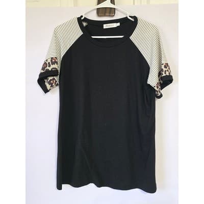 ADIBOSY Black Leopard Stripe Raglan Tee Shirt Top Women's L - Image 1