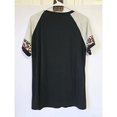 ADIBOSY Black Leopard Stripe Raglan Tee Shirt Top Women's L - Thumbnail 2
