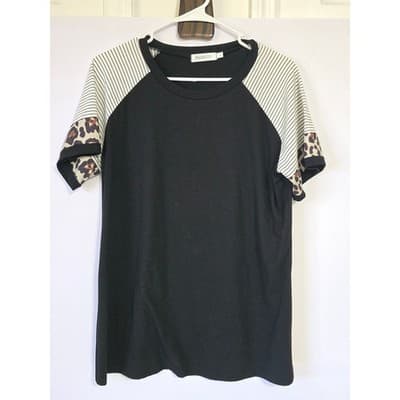 ADIBOSY Black Leopard Stripe Raglan Tee Shirt Top Women's L - Thumbnail 11