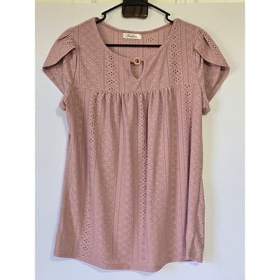 Fashion Women's Mauve Lace Knit Short Sleeve Top Size L - Thumbnail 11