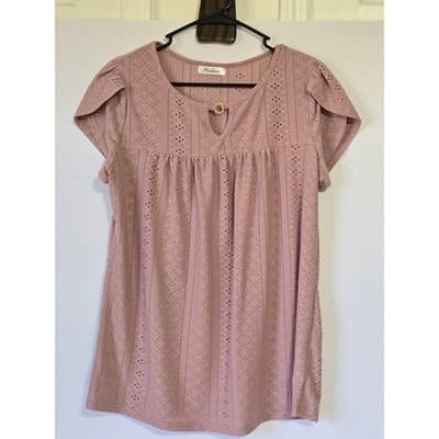 Fashion Women's Mauve Lace Knit Short Sleeve Top Size L - Image 1